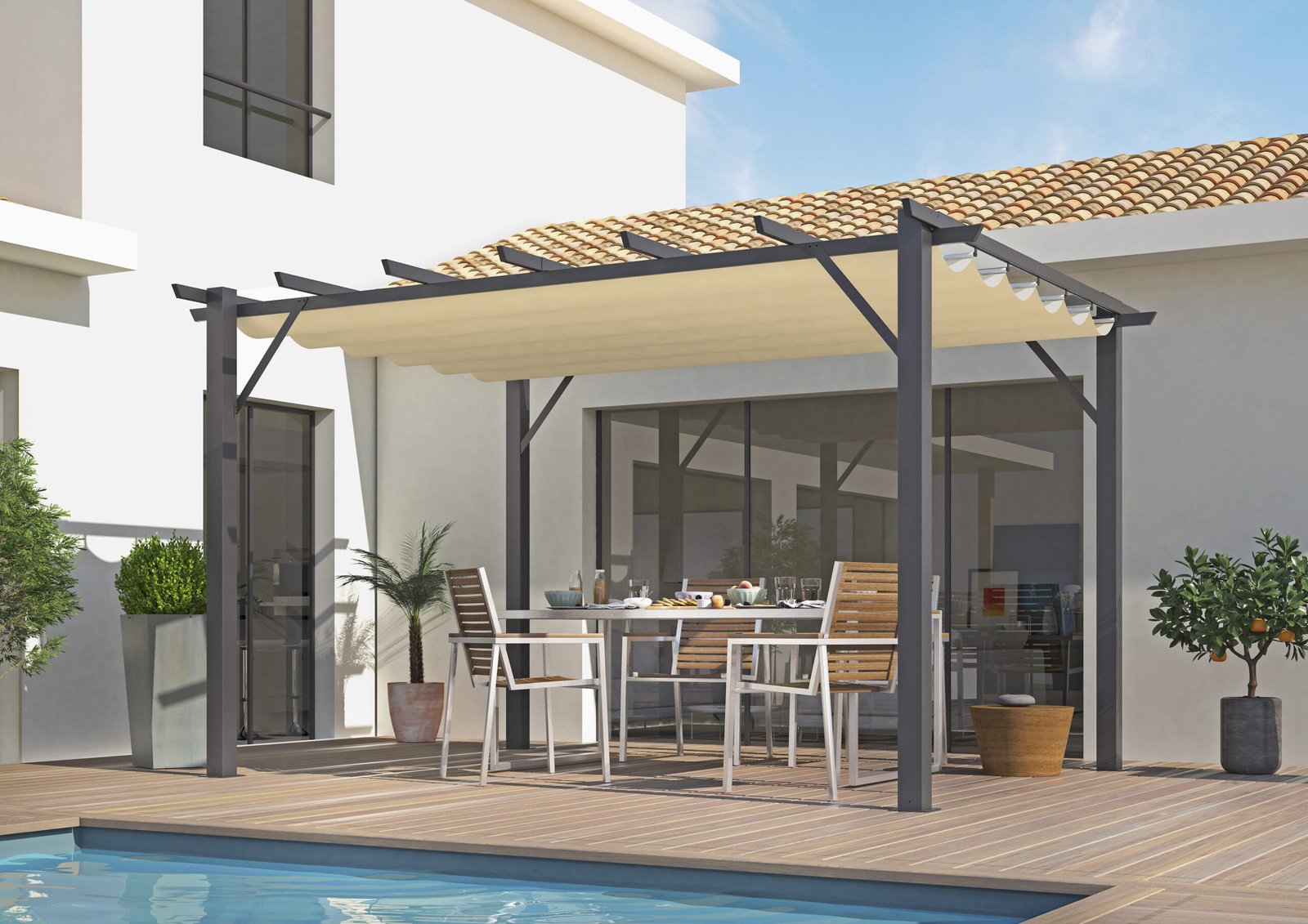 PER 4030 GE Pergola aluminium coloris gris anthracite poteaux grosses sections 100x100 mm 7 lambourdes avec toile d'ombrage écru / surface extérieure : 12 m² / toile de protection 140 gr/m² / Garantie : Structure 5 ans toile 1 an*