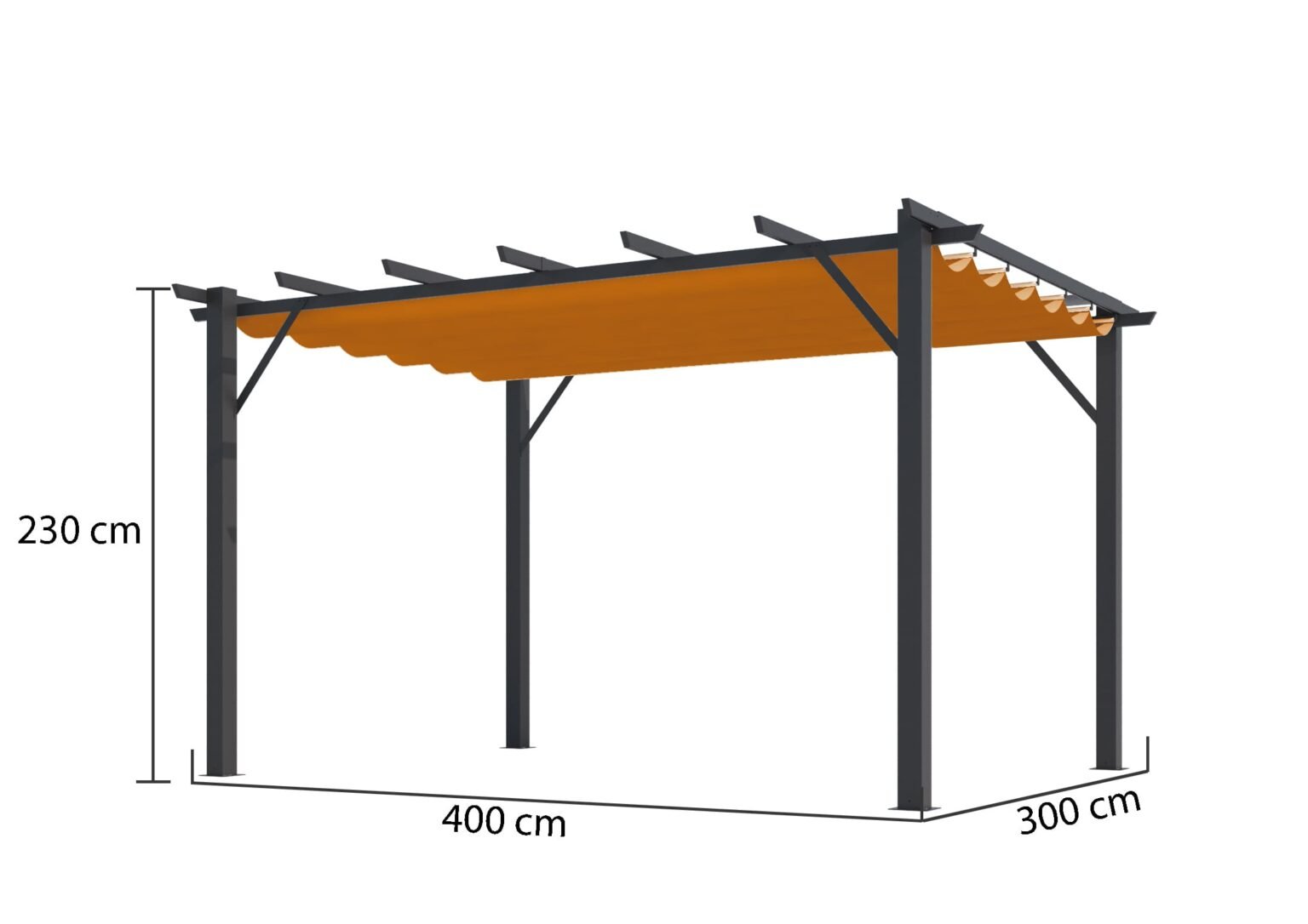 PER 4030 GR Pergola aluminium coloris gris anthracite poteaux grosses sections 100x100 mm 7 lambourdes avec toile d'ombrage rouille / surface extérieure : 12 m² / toile de protection 140 gr/m² / Garantie : Structure 5 ans toile 1 an*