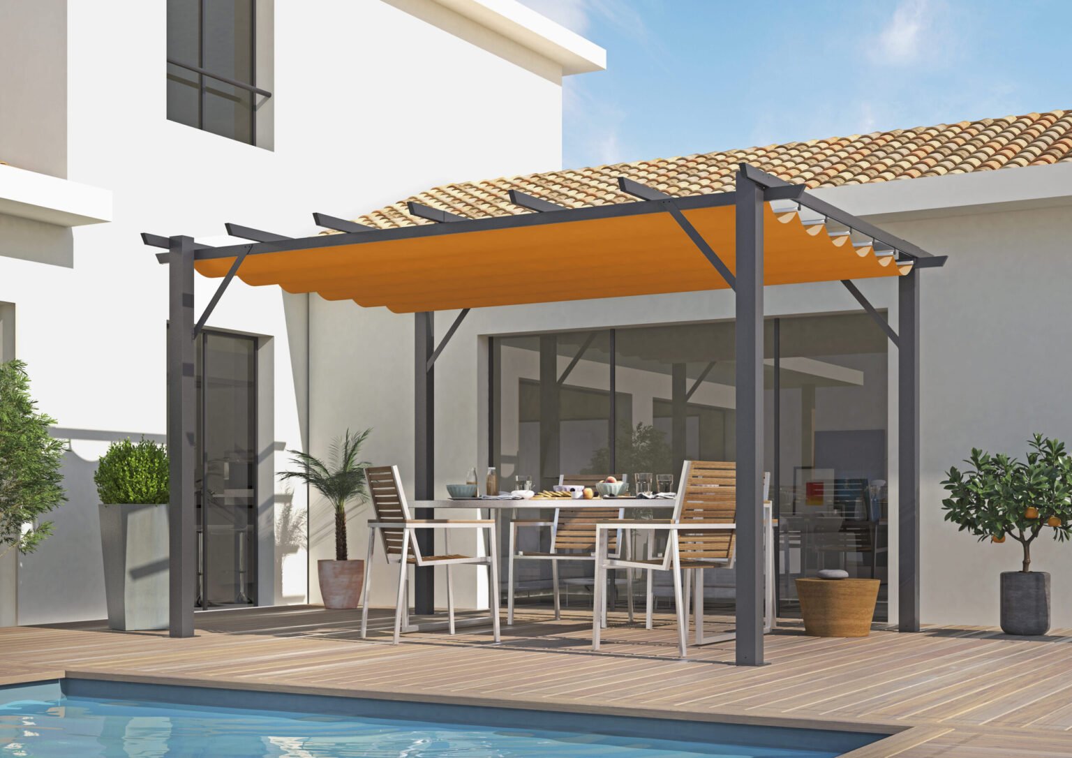 PER 4030 GR Pergola aluminium coloris gris anthracite poteaux grosses sections 100x100 mm 7 lambourdes avec toile d'ombrage rouille / surface extérieure : 12 m² / toile de protection 140 gr/m² / Garantie : Structure 5 ans toile 1 an*
