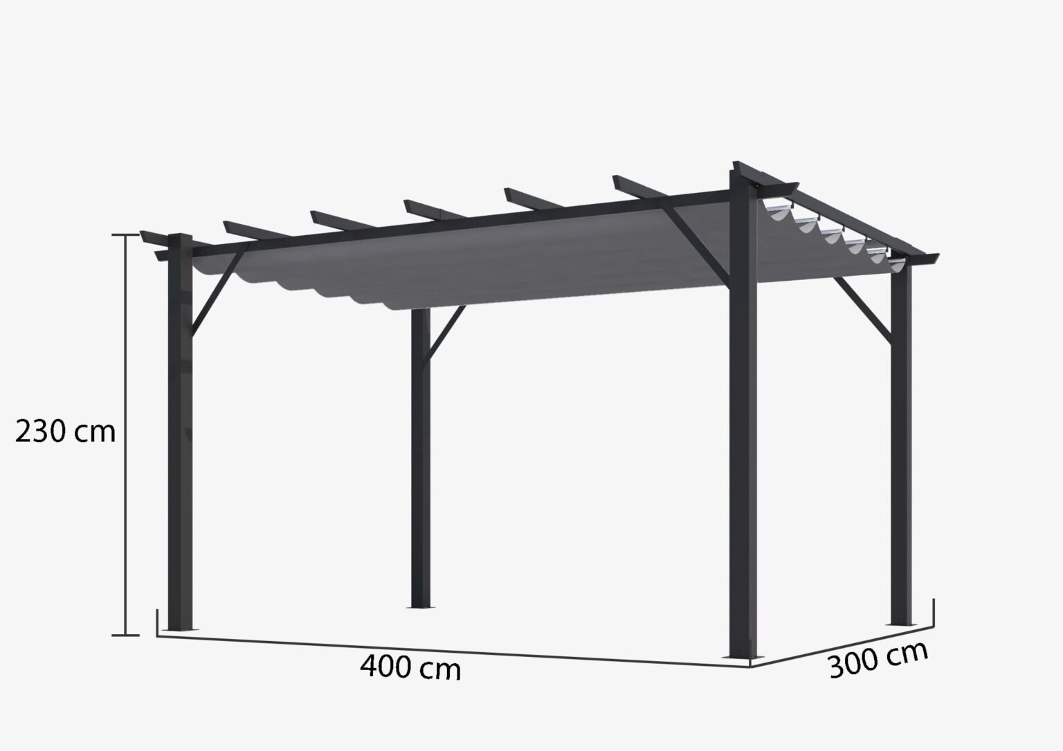 PER 4030 GN Pergola aluminium coloris gris anthracite poteaux grosses sections 100x100 mm 7 lambourdes avec toile d'ombrage gris / surface extérieure : 12 m² / toile de protection 280 gr/m² / Garantie : Structure 5 ans toile 1 an*