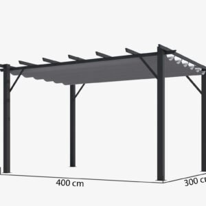 PER 4030 GN Pergola aluminium coloris gris anthracite poteaux grosses sections 100x100 mm 7 lambourdes avec toile d'ombrage gris / surface extérieure : 12 m² / toile de protection 280 gr/m² / Garantie : Structure 5 ans toile 1 an*