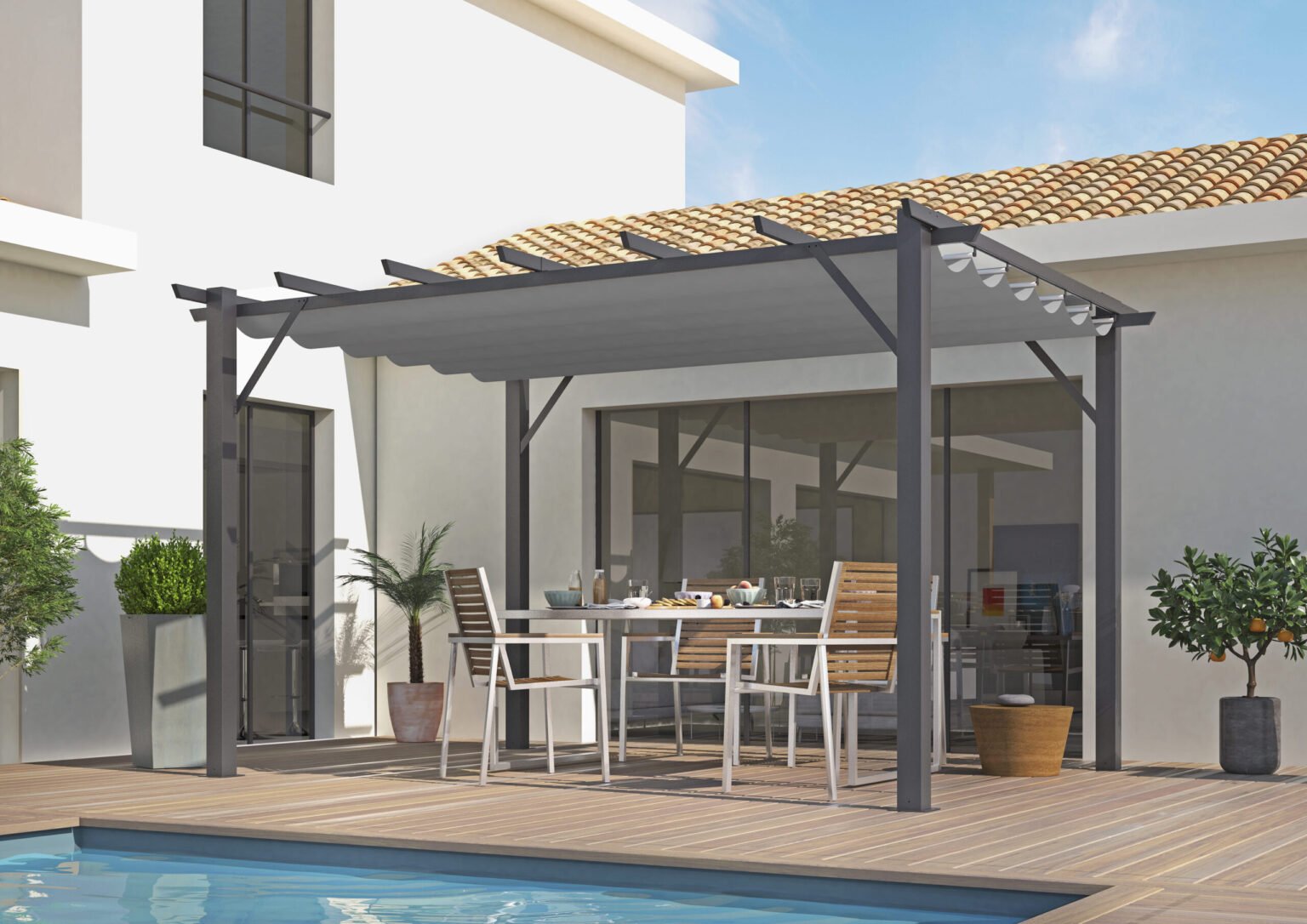 PER 4030 GN Pergola aluminium coloris gris anthracite poteaux grosses sections 100x100 mm 7 lambourdes avec toile d'ombrage gris / surface extérieure : 12 m² / toile de protection 280 gr/m² / Garantie : Structure 5 ans toile 1 an*