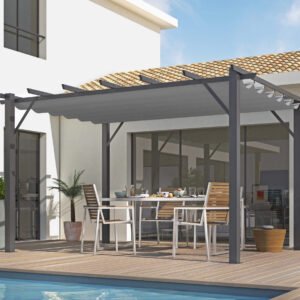 PER 4030 GN Pergola aluminium coloris gris anthracite poteaux grosses sections 100x100 mm 7 lambourdes avec toile d'ombrage gris / surface extérieure : 12 m² / toile de protection 280 gr/m² / Garantie : Structure 5 ans toile 1 an*