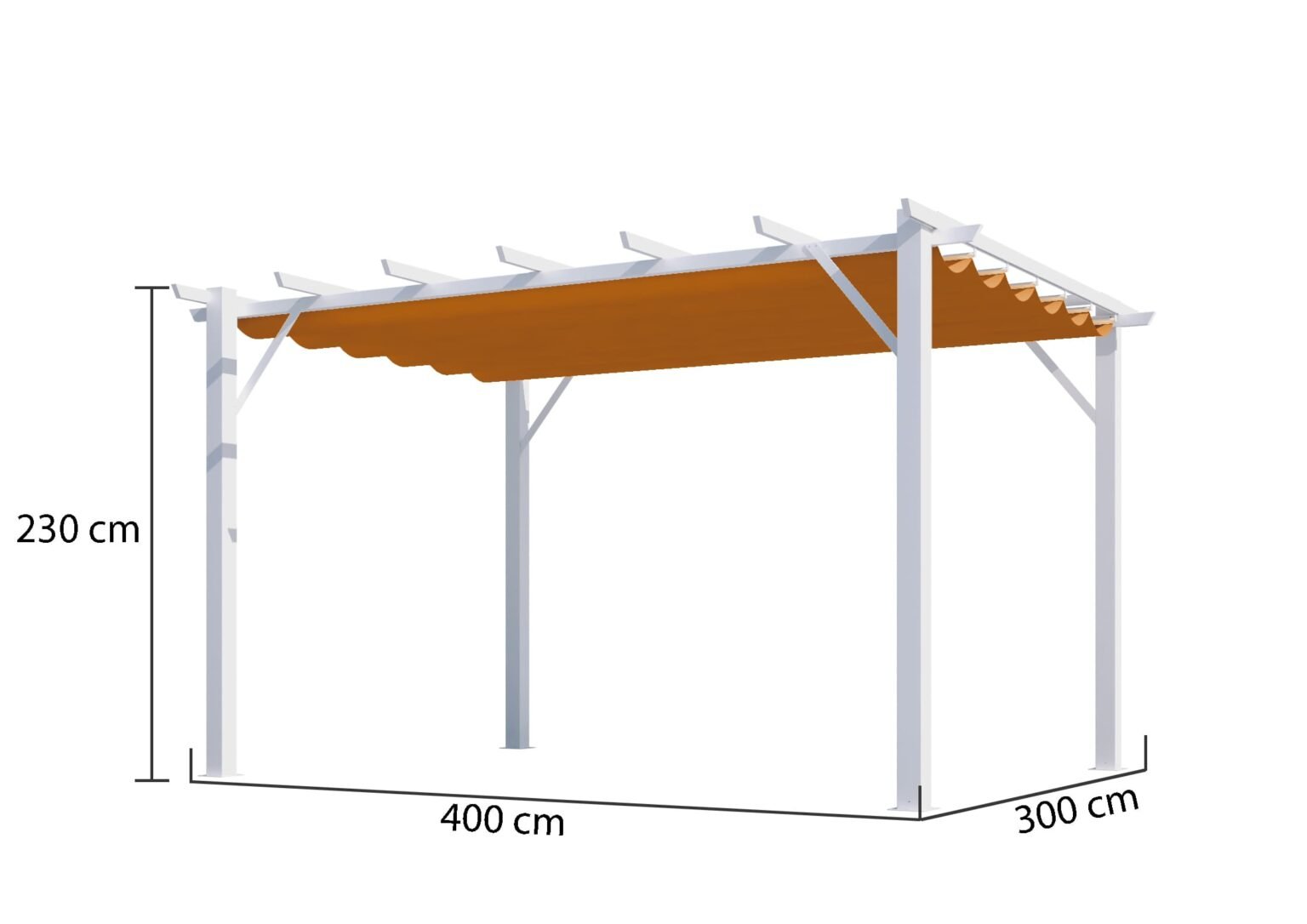 PER 4030 WR Pergola aluminium coloris blanc poteaux grosses sections 100x100 mm 7 lambourdes avec toile d'ombrage rouille / surface extérieure : 12 m² / toile de protection 140 gr/m² / Garantie : Structure 5 ans toile 1 an*