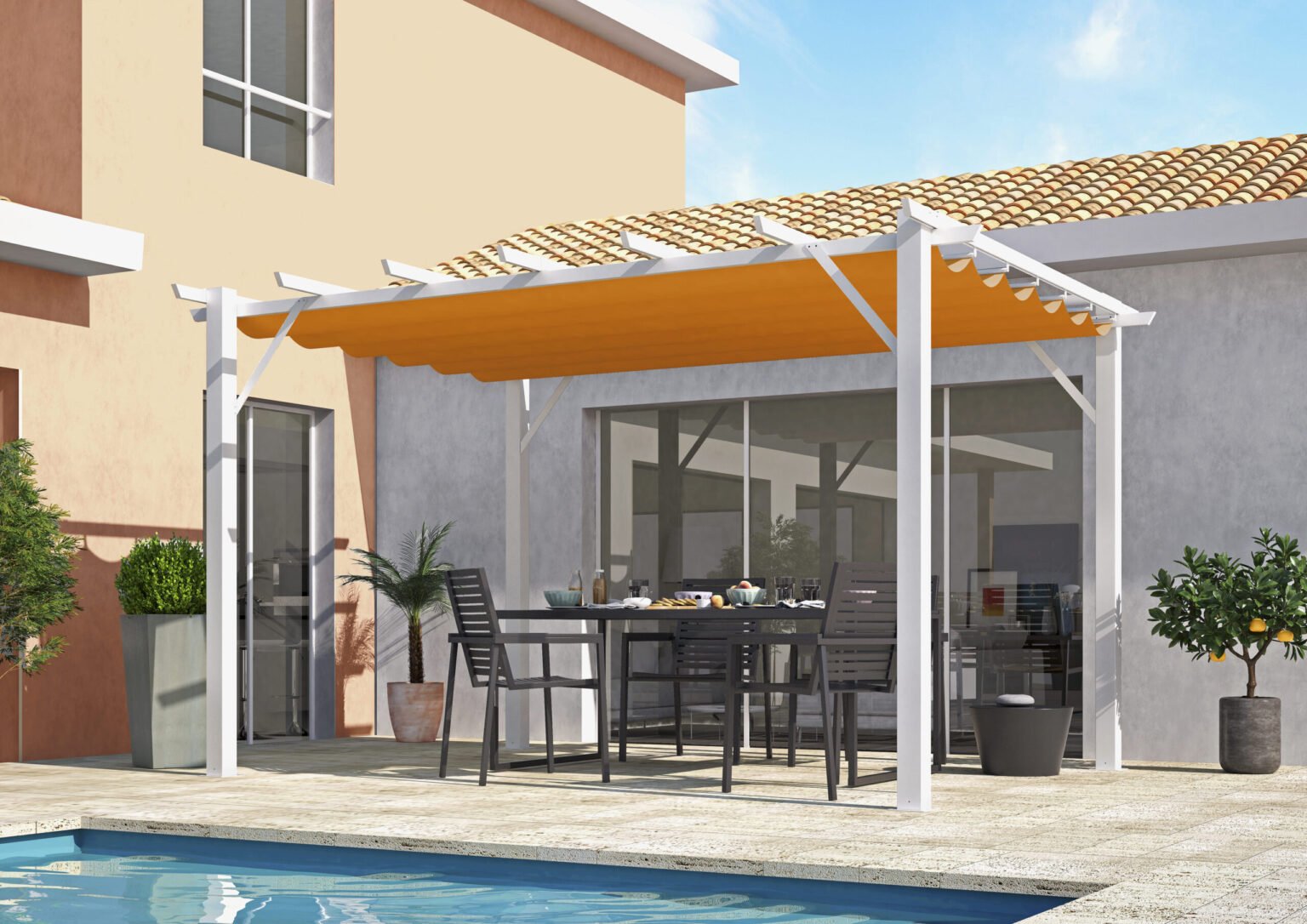 PER 4030 WR Pergola aluminium coloris blanc poteaux grosses sections 100x100 mm 7 lambourdes avec toile d'ombrage rouille / surface extérieure : 12 m² / toile de protection 140 gr/m² / Garantie : Structure 5 ans toile 1 an*