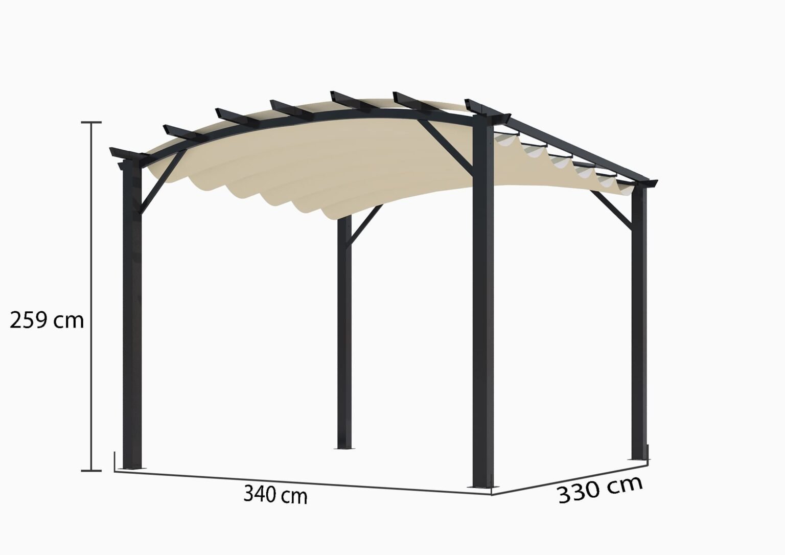 PER 3433 GE Pergola arche structure mixte aluminium/acier coloris gris anthracite / Surface de protection : 11,22 m² / toit en toile polyester 140 gr/m² écru / Garantie : structure 5 ans toile : 1 an*