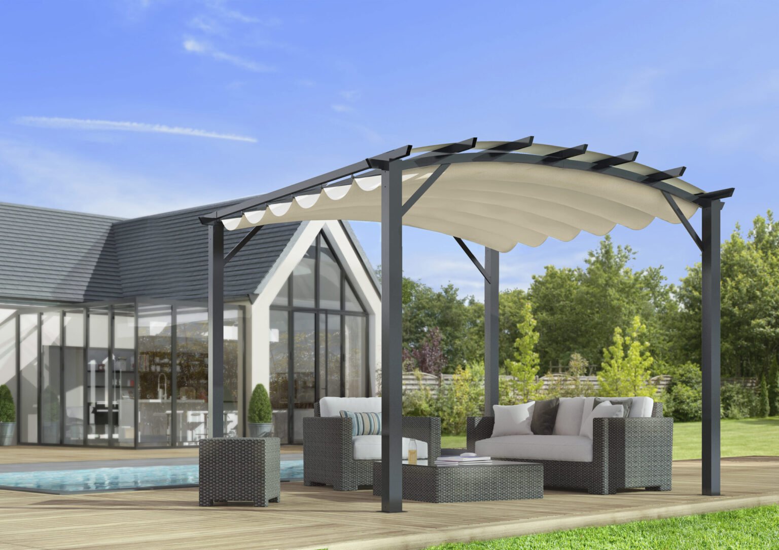 PER 3433 GE Pergola arche structure mixte aluminium/acier coloris gris anthracite / Surface de protection : 11,22 m² / toit en toile polyester 140 gr/m² écru / Garantie : structure 5 ans toile : 1 an*