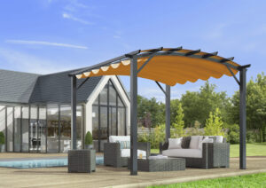 PER 3433 GR Pergola arche structure mixte aluminium/acier coloris gris anthracite / Surface de protection : 11,22 m² / toit en toile polyester 140 gr/m² rouille / Garantie : structure 5 ans toile : 1 an*