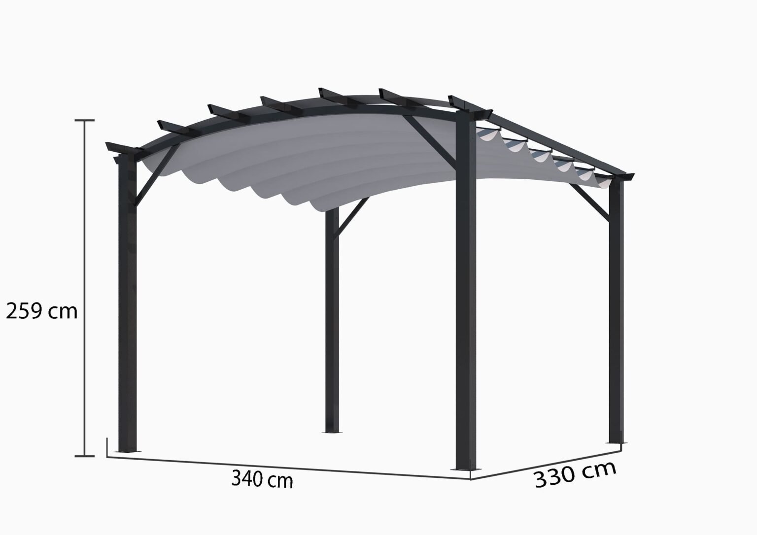 PER 3433 GG Pergola arche structure mixte aluminium/acier coloris gris anthracite / Surface de protection : 11,22 m² / toit en toile polyester 140 gr/m² gris / Garantie : structure 5 ans toile : 1 an*