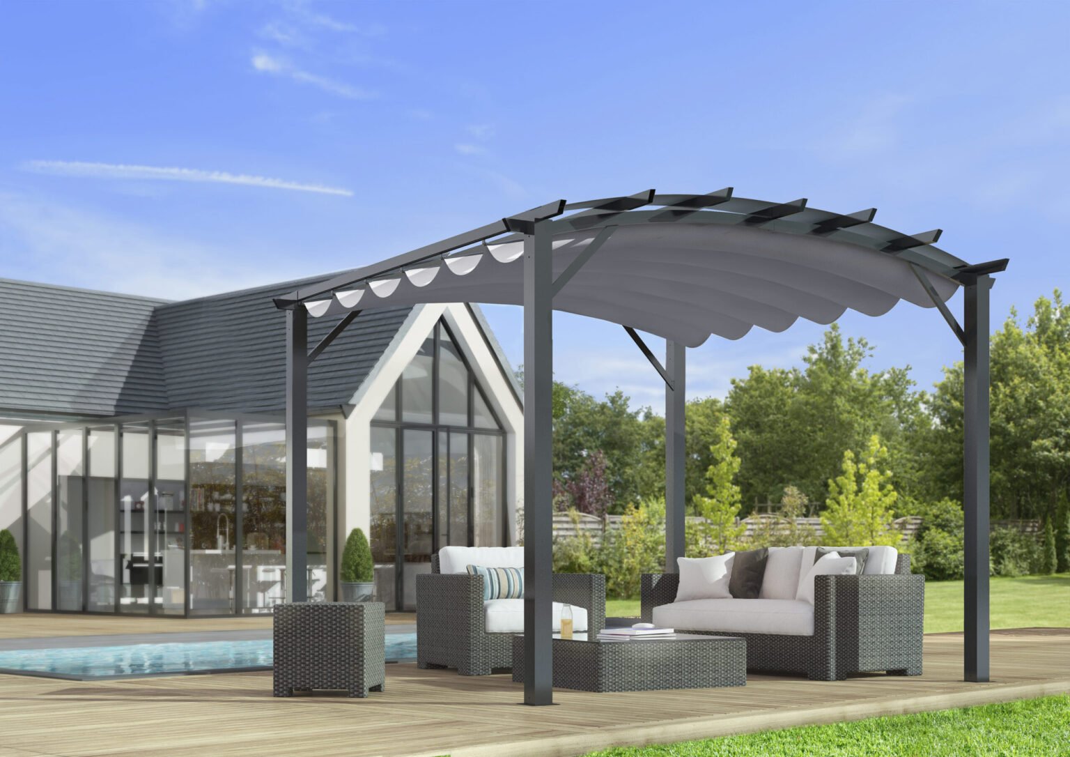 PER 3433 GG Pergola arche structure mixte aluminium/acier coloris gris anthracite / Surface de protection : 11,22 m² / toit en toile polyester 140 gr/m² gris / Garantie : structure 5 ans toile : 1 an*