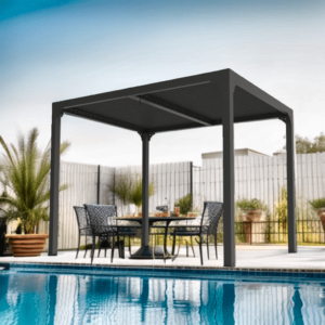 PER 2430 BI Pergola bioclimatique ALUMINIUM balcon et terrasse coloris gris anthracite / Surface de protection : 7,20 m² / toit réalisé avec lames ovales en aluminium / Garantie : structure 5 ans ventelles 2 ans *