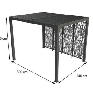 PER 2430M BI Pergola bioclimatique ALUMINIUM balcon et terrasse coloris gris anthracite avec 4 panneaux moucharabieh coloris gris pour côté 3 m / Surface de protection : 7,20 m² / toit réalisé avec lames ovales en aluminium / Garantie : structure 5 ans ventelles 2 ans moucharabieh 2 ans*