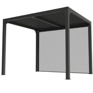 PER 2430R BI Pergola bioclimatique ALUMINIUM balcon et terrasse coloris gris anthracite avec rideau manuel coloris gris pour côté 3 m / Surface de protection : 7,20 m² / toit réalisé avec lames ovales en aluminium / Garantie : structure 5 ans ventelles 2 ans rideau 1 an*