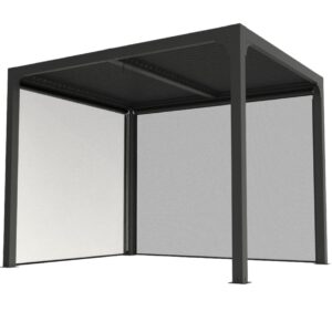 PER 24R30R BI Pergola bioclimatique ALUMINIUM balcon et terrasse coloris gris anthracite avec rideau manuel coloris gris pour côté 3 m et rideau manuel coloris gris pour côté 2,40 m / Surface de protection : 7,20 m² / toit réalisé avec lames ovales en aluminium / Garantie : structure 5 ans ventelles 2 ans rideaux 1 an*