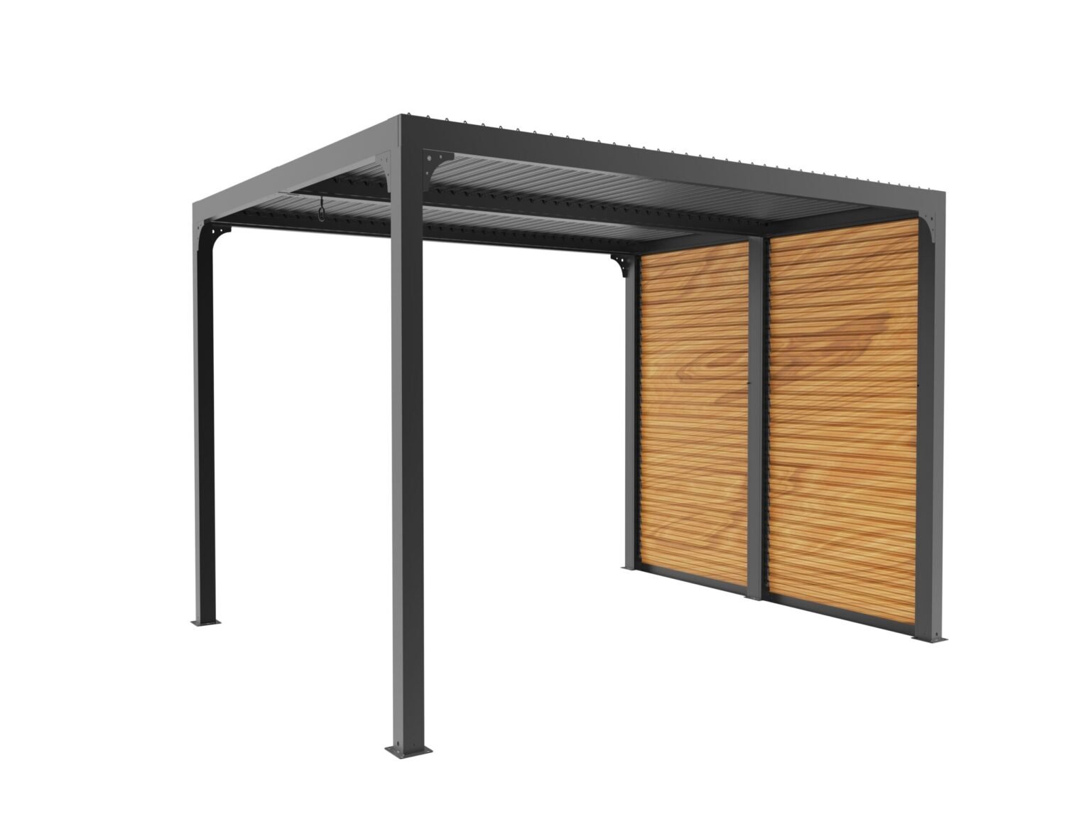 PER 2430VB BI Pergola bioclimatique ALUMINIUM balcon et terrasse coloris gris anthracite livrée avec des ventelles latérales aluminium mobiles couleur imitation bois pour côté 3 m / Surface de protection : 7,20 m² / toit réalisé avec lames ovales en aluminium / Garantie : structure 5 ans ventelles 2 ans*