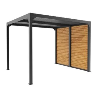PER 2430VB BI Pergola bioclimatique ALUMINIUM balcon et terrasse coloris gris anthracite livrée avec des ventelles latérales aluminium mobiles couleur imitation bois pour côté 3 m / Surface de protection : 7,20 m² / toit réalisé avec lames ovales en aluminium / Garantie : structure 5 ans ventelles 2 ans*
