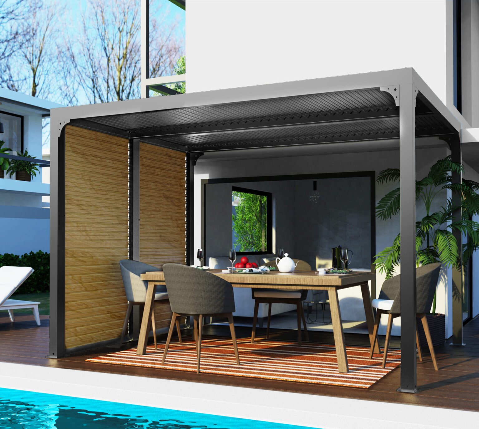 PER 2430VB BI Pergola bioclimatique ALUMINIUM balcon et terrasse coloris gris anthracite livrée avec des ventelles latérales aluminium mobiles couleur imitation bois pour côté 3 m / Surface de protection : 7,20 m² / toit réalisé avec lames ovales en aluminium / Garantie : structure 5 ans ventelles 2 ans*
