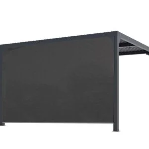PER 36R30 BI Pergola bioclimatique ALUMINIUM avec rideau manuel coloris gris pour côté 3,60 m / Surface de protection : 10,80 m² / toit réalisé avec lames ovales en aluminium / Garantie : structure 5 ans ventelles 2 ans rideau 1 an*