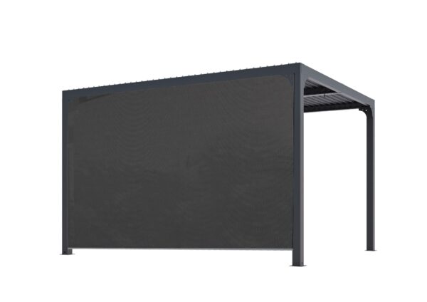 PER 36R30 BI Pergola bioclimatique ALUMINIUM avec rideau manuel coloris gris pour côté 3,60 m / Surface de protection : 10,80 m² / toit réalisé avec lames ovales en aluminium / Garantie : structure 5 ans ventelles 2 ans rideau 1 an*