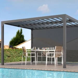 PER 36R30 BI Pergola bioclimatique ALUMINIUM avec rideau manuel coloris gris pour côté 3,60 m / Surface de protection : 10,80 m² / toit réalisé avec lames ovales en aluminium / Garantie : structure 5 ans ventelles 2 ans rideau 1 an*