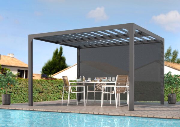 PER 36R30 BI Pergola bioclimatique ALUMINIUM avec rideau manuel coloris gris pour côté 3,60 m / Surface de protection : 10,80 m² / toit réalisé avec lames ovales en aluminium / Garantie : structure 5 ans ventelles 2 ans rideau 1 an*