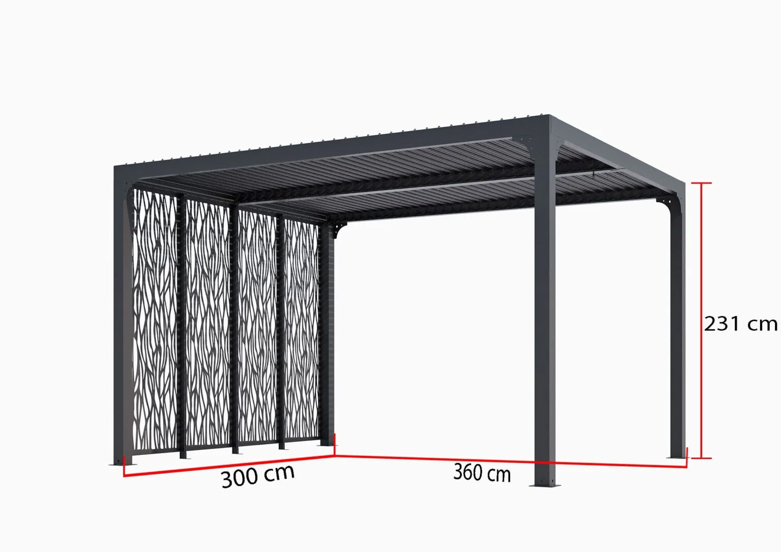 PER 3630M BI Pergola bioclimatique ALUMINIUM avec 4 panneaux moucharabieh coloris gris pour côté 3 m / Surface de protection : 10,80 m² / toit réalisé avec lames ovales en aluminium / Garantie : structure 5 ans ventelles 2 ans moucharabieh 2 ans*