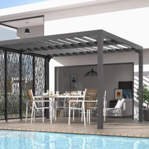 PER 3630M BI Pergola bioclimatique ALUMINIUM avec 4 panneaux moucharabieh coloris gris pour côté 3 m / Surface de protection : 10,80 m² / toit réalisé avec lames ovales en aluminium / Garantie : structure 5 ans ventelles 2 ans moucharabieh 2 ans*