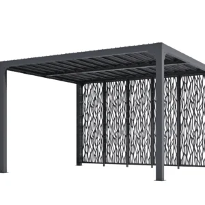 PER 36M30 BI Pergola bioclimatique ALUMINIUM avec 5 panneaux moucharabieh coloris gris pour côté 3,60 m / Surface de protection : 10,80 m² / toit réalisé avec lames ovales en aluminium / Garantie : structure 5 ans ventelles 2 ans moucharabieh 2 ans*