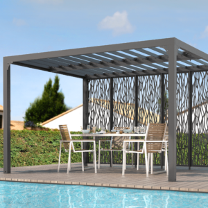 PER 36M30 BI Pergola bioclimatique ALUMINIUM avec 5 panneaux moucharabieh coloris gris pour côté 3,60 m / Surface de protection : 10,80 m² / toit réalisé avec lames ovales en aluminium / Garantie : structure 5 ans ventelles 2 ans moucharabieh 2 ans*