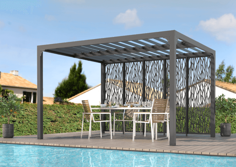 PER 36M30 BI Pergola bioclimatique ALUMINIUM avec 5 panneaux moucharabieh coloris gris pour côté 3,60 m / Surface de protection : 10,80 m² / toit réalisé avec lames ovales en aluminium / Garantie : structure 5 ans ventelles 2 ans moucharabieh 2 ans*