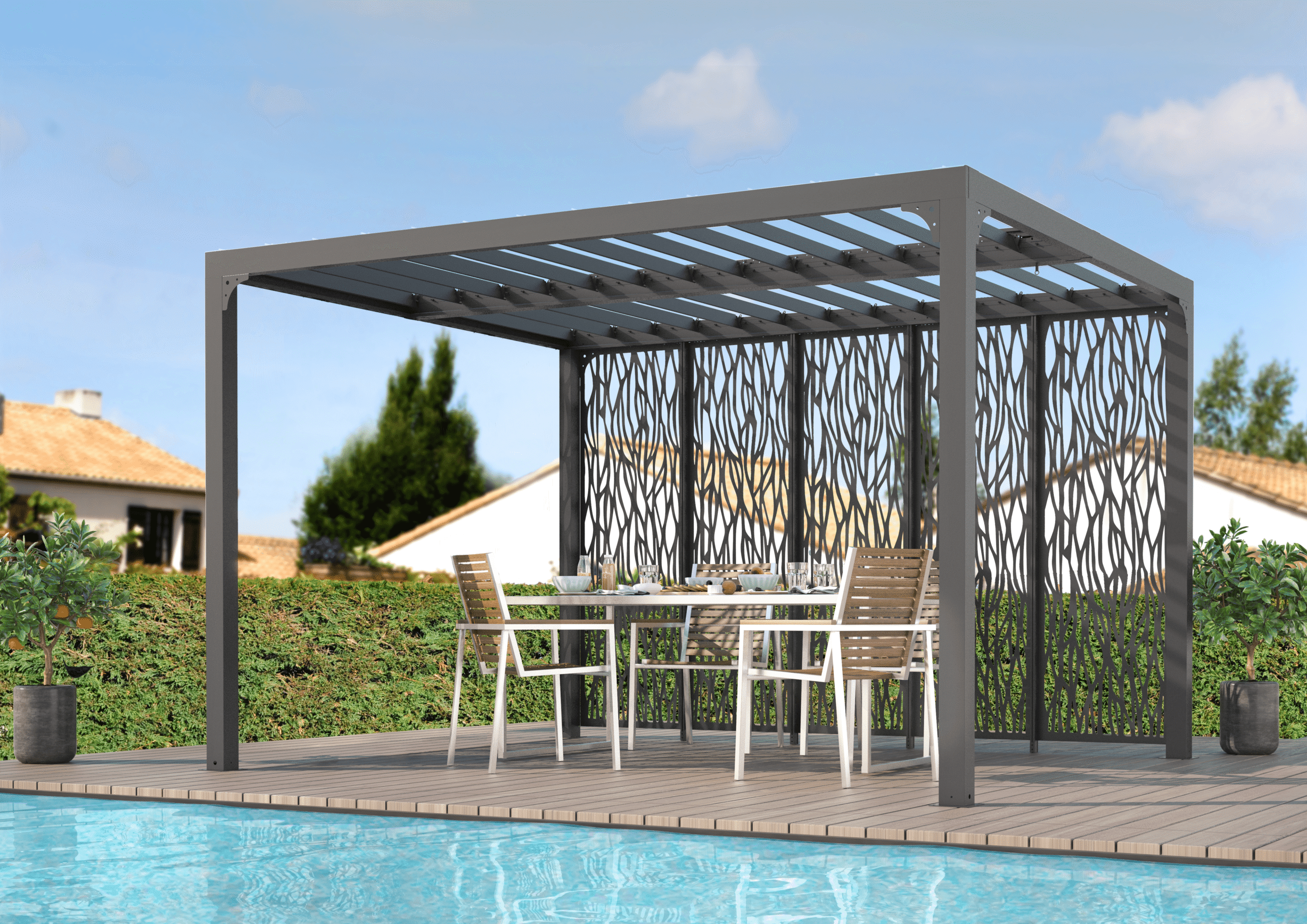 PER 36M30 BI Pergola bioclimatique ALUMINIUM avec 5 panneaux moucharabieh coloris gris pour côté 3,60 m / Surface de protection : 10,80 m² / toit réalisé avec lames ovales en aluminium / Garantie : structure 5 ans ventelles 2 ans moucharabieh 2 ans*
