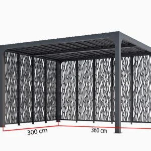PER 36M30M BI Pergola bioclimatique ALUMINIUM avec panneaux moucharabieh coloris gris pour côté 3 m + côté 3,60 m / Surface de protection : 10,80 m² / toit réalisé avec lames ovales en aluminium / Garantie : structure 5 ans ventelles 2 ans moucharabieh 2 ans*
