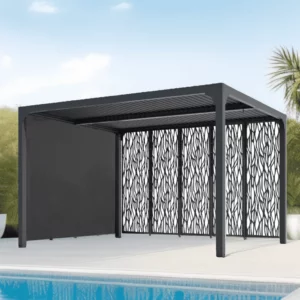 Pergola aluminium bioclimatique avec panneaux moucharabieh coloris gris pour côté 3,60 m et rideau manuel coloris gris pour côté 3 m / Surface de protection : 10,80 m² / toit réalisé avec lames ovales en aluminium / Garantie : structure 5 ans ventelles 2 ans moucharabieh 2 ans rideau 1 an
