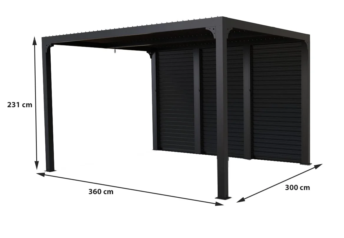 PER 36V30 BI Pergola bioclimatique ALUMINIUM livrée avec des ventelles latérales aluminium mobiles pour côté 3,60 m / Surface de protection : 10,80 m² / toit réalisé avec lames ovales en aluminium / Garantie : structure 5 ans ventelles 2 ans *