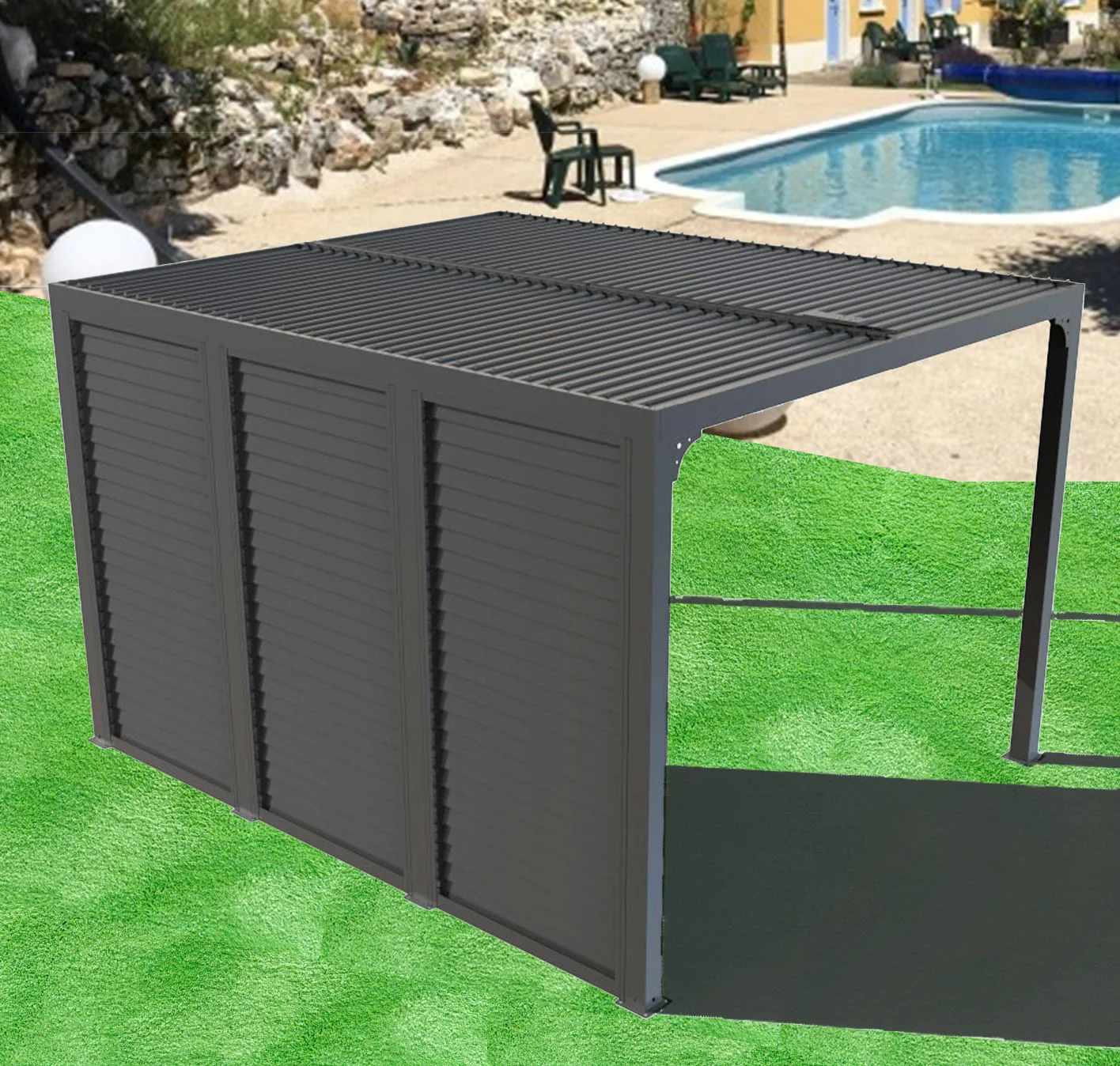 PER 36V30 BI Pergola bioclimatique ALUMINIUM livrée avec des ventelles latérales aluminium mobiles pour côté 3,60 m / Surface de protection : 10,80 m² / toit réalisé avec lames ovales en aluminium / Garantie : structure 5 ans ventelles 2 ans *