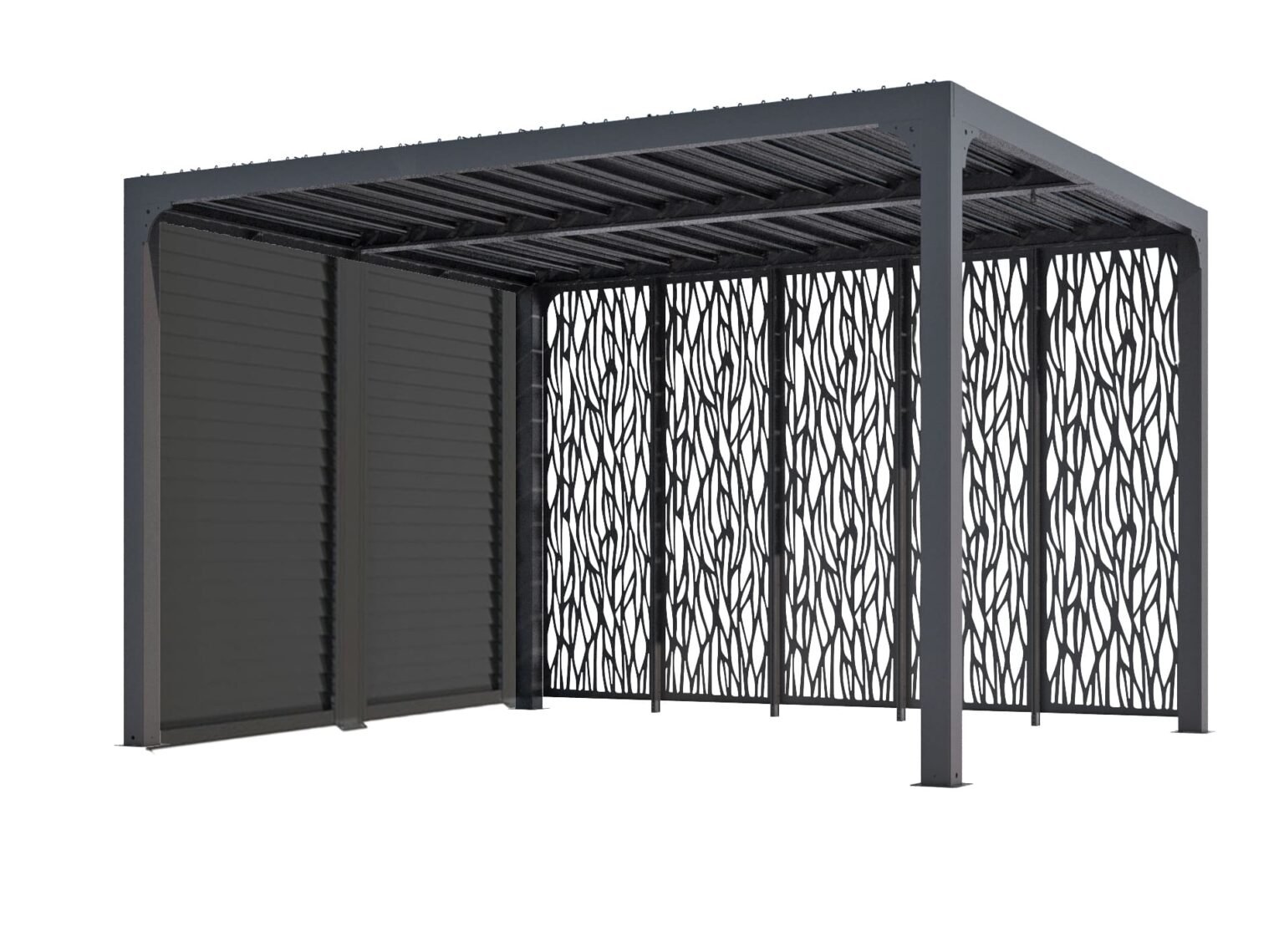 PER 36M30V BI Pergola bioclimatique ALUMINIUM avec panneaux moucharabieh coloris gris pour côté 3,60 m et ventelles latérales aluminium mobiles pour côté 3 m / Surface de protection : 10,80 m² / toit réalisé avec lames ovales en aluminium / Garantie : structure 5 ans ventelles 2 ans moucharabieh 2 ans ventelles 5 ans*