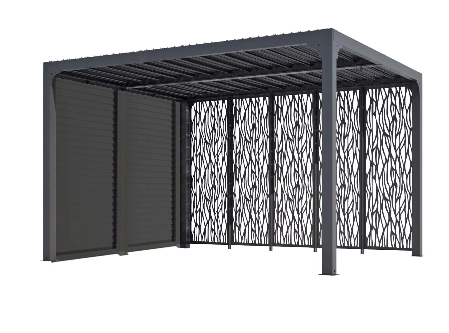 PER 36M30V BI Pergola bioclimatique ALUMINIUM avec panneaux moucharabieh coloris gris pour côté 3,60 m et ventelles latérales aluminium mobiles pour côté 3 m / Surface de protection : 10,80 m² / toit réalisé avec lames ovales en aluminium / Garantie : structure 5 ans ventelles 2 ans moucharabieh 2 ans ventelles 5 ans*