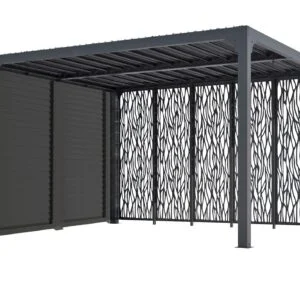 PER 36M30V BI Pergola bioclimatique ALUMINIUM avec panneaux moucharabieh coloris gris pour côté 3,60 m et ventelles latérales aluminium mobiles pour côté 3 m / Surface de protection : 10,80 m² / toit réalisé avec lames ovales en aluminium / Garantie : structure 5 ans ventelles 2 ans moucharabieh 2 ans ventelles 5 ans*