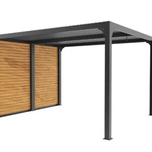 PER 3630VB BI Pergola bioclimatique ALUMINIUM coloris gris anthracite livrée avec des ventelles latérales aluminium mobiles couleur imitation bois pour côté 3 m / Surface de protection : 10,80 m² / toit réalisé avec lames ovales en aluminium / Garantie : structure 5 ans ventelles 2 ans*