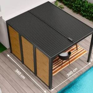 PER 36VB30 BI Pergola bioclimatique ALUMINIUM livrée avec des ventelles latérales aluminium mobiles couleur imitation bois pour côté 3,60 m / Surface de protection : 10,80 m² / toit réalisé avec lames ovales en aluminium / Garantie : structure 5 ans ventelles 2 ans*