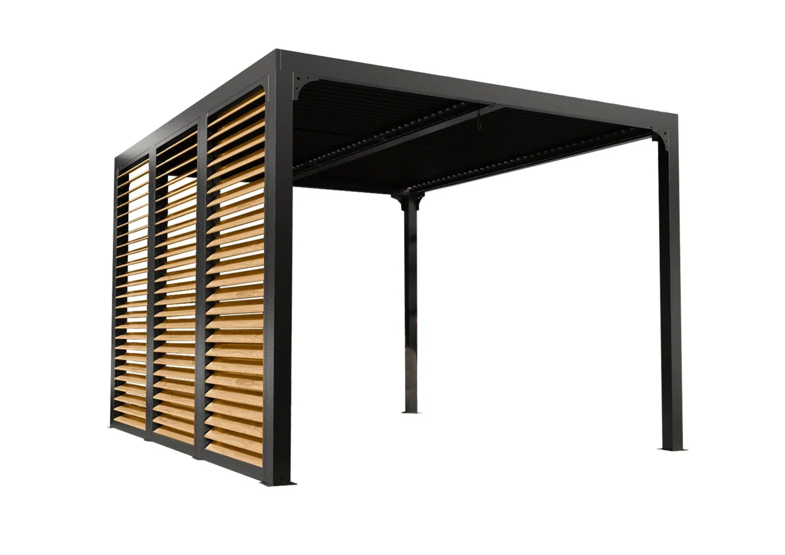 PER 36VB30 BI Pergola bioclimatique ALUMINIUM livrée avec des ventelles latérales aluminium mobiles couleur imitation bois pour côté 3,60 m / Surface de protection : 10,80 m² / toit réalisé avec lames ovales en aluminium / Garantie : structure 5 ans ventelles 2 ans*