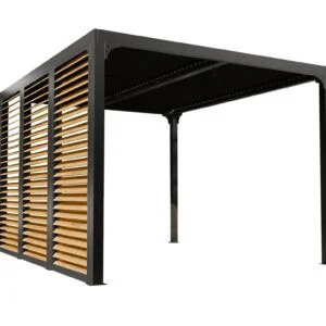 PER 36VB30 BI Pergola bioclimatique ALUMINIUM livrée avec des ventelles latérales aluminium mobiles couleur imitation bois pour côté 3,60 m / Surface de protection : 10,80 m² / toit réalisé avec lames ovales en aluminium / Garantie : structure 5 ans ventelles 2 ans*