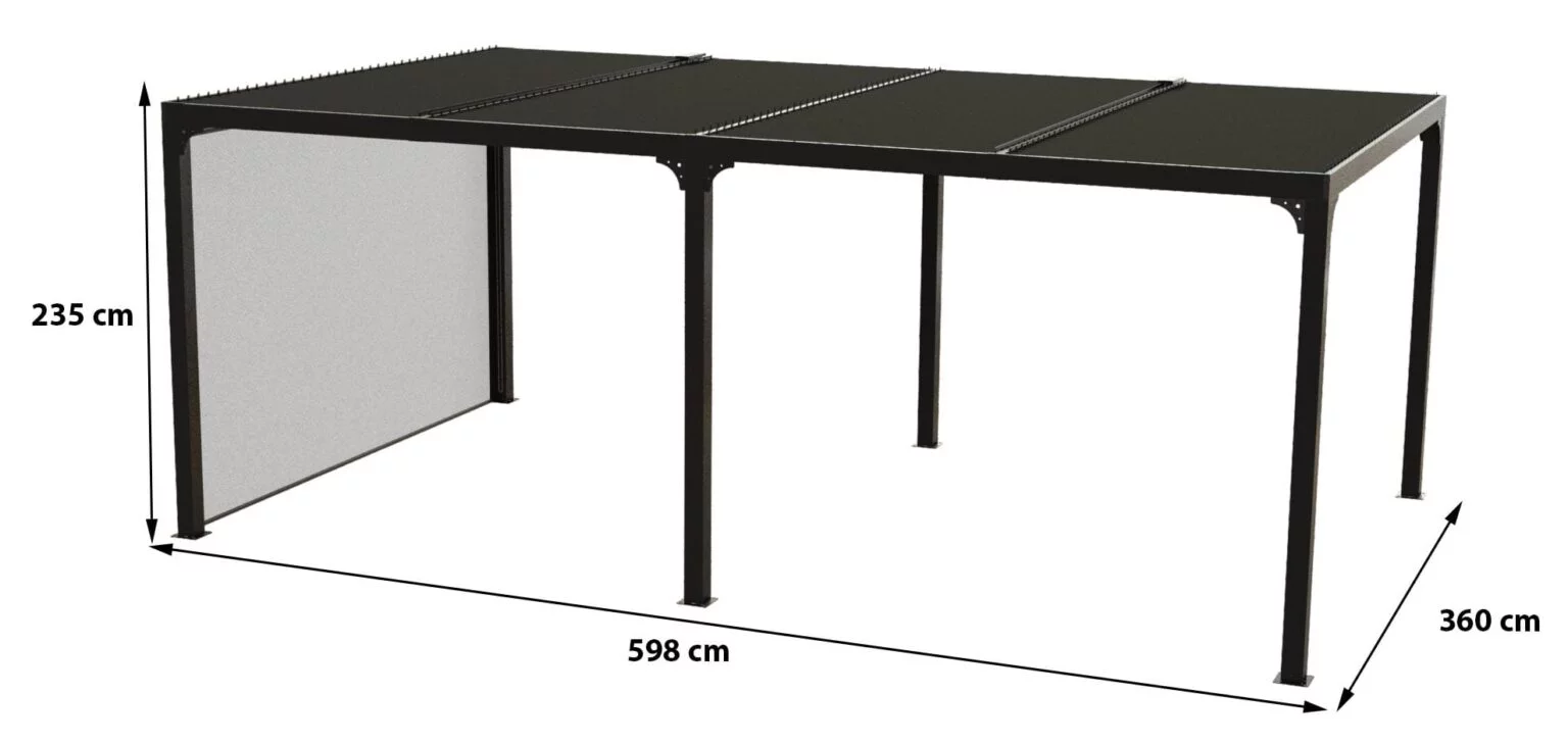 PER 36R60 BI Pergola bioclimatique ALUMINIUM XXL avec rideau manuel coloris gris pour côté 3,60 m / Surface de protection : 21,52 m² / toit réalisé avec lames ovales en aluminium / Garantie : structure 5 ans ventelles 2 ans rideau 1 an*