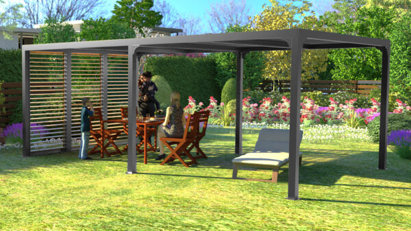 PER 36VB60 BI Pergola bioclimatique ALUMINIUM XXL coloris gris anthracite livrée avec des ventelles latérales aluminium mobiles couleur imitation bois pour côté 3,60 m / Surface de protection : 21,52 m2 / toit réalisé avec lames ovales en aluminium / Garantie : structure 5 ans ventelles 2 ans*