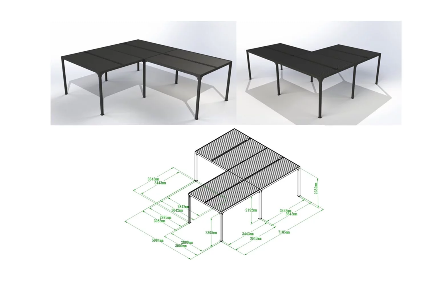 PER 6170 BI Pergola bioclimatique XXL ALUMINIUM en "L" / Surface de protection : 32,63 m² / toit réalisé avec lames ovales en aluminium / Garantie : structure 5 ans ventelles 2 ans*