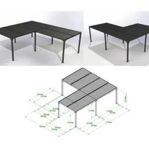 PER 6170 BI Pergola bioclimatique XXL ALUMINIUM en "L" / Surface de protection : 32,63 m² / toit réalisé avec lames ovales en aluminium / Garantie : structure 5 ans ventelles 2 ans*
