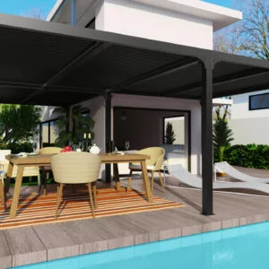 PER 6170 BI Pergola bioclimatique XXL ALUMINIUM en "L" / Surface de protection : 32,63 m² / toit réalisé avec lames ovales en aluminium / Garantie : structure 5 ans ventelles 2 ans*