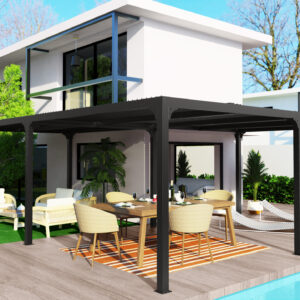 PER 6170 BI Pergola bioclimatique XXL ALUMINIUM en "L" / Surface de protection : 32,63 m² / toit réalisé avec lames ovales en aluminium / Garantie : structure 5 ans ventelles 2 ans*