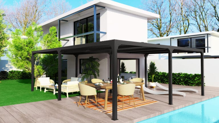 PER 6170 BI Pergola bioclimatique XXL ALUMINIUM en "L" / Surface de protection : 32,63 m² / toit réalisé avec lames ovales en aluminium / Garantie : structure 5 ans ventelles 2 ans*