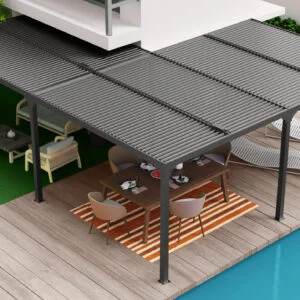 PER 6170 BI Pergola bioclimatique XXL ALUMINIUM en "L" / Surface de protection : 32,63 m² / toit réalisé avec lames ovales en aluminium / Garantie : structure 5 ans ventelles 2 ans*
